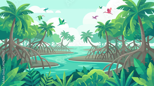 A vibrant vector illustration of a lush tropical mangrove forest. A tranquil river flows through palm trees and wildlife, ideal for nature, travel, or environmental concepts.