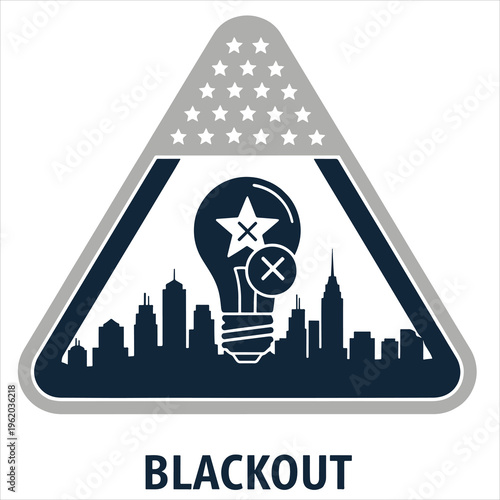 American flag, blackout concept, city skyline, light bulb icon, warning sign