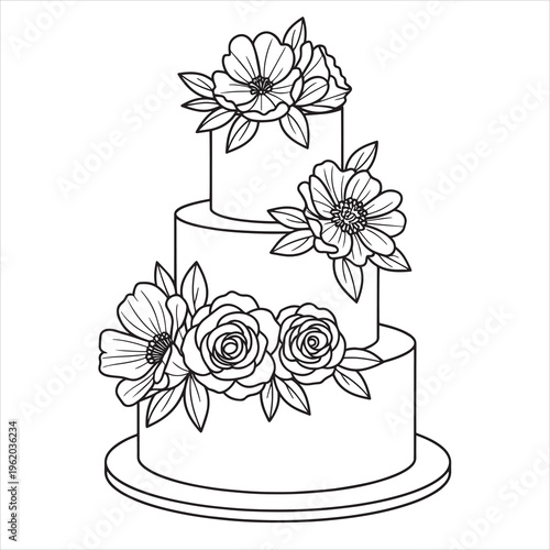 Wedding cake, floral decoration, line art illustration, vector graphics