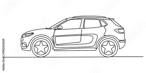 Continuous line drawing of a modern suv car profile on a white background for minimalist design. Vector, illustration