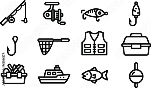 Fishing icons set with tackle and gear