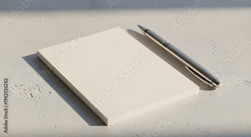 blank notebook white sharp edges with silver pen on plain surface for creativity