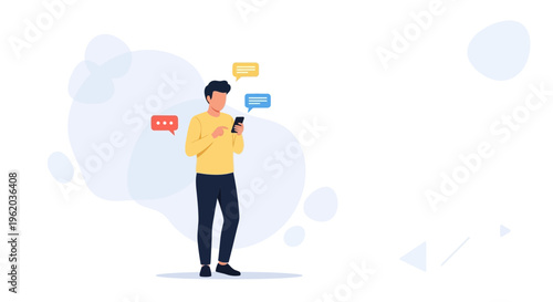 Man texting on smartphone with chat bubbles, digital communication concept