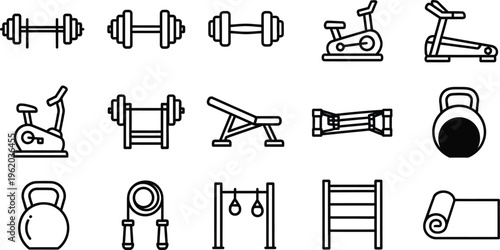 Gym equipment icons set