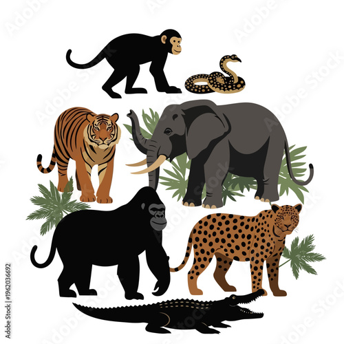 Collection of Diverse Jungle Animals in a Circular Arrangement.