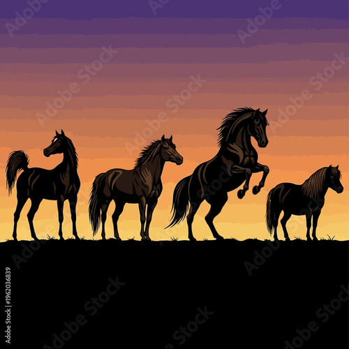 Four horses silhouetted against a sunset sky.