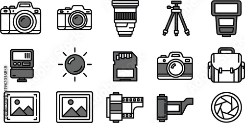 black and white photography icons set