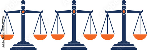Set of Three Identical Blue and Orange Justice Scale Icons Representing Legal Balance Equality Law Judicial System and Fair Court Trials