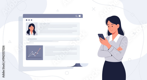 Woman with phone looking at online profile with graph on screen