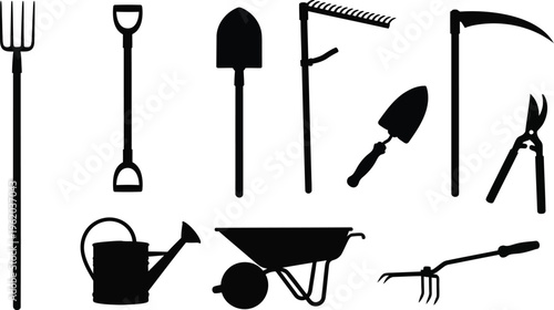 Gardening tools silhouettes set