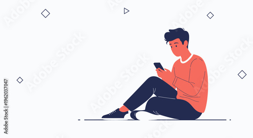 Young man sitting on floor, looking at smartphone, modern illustration