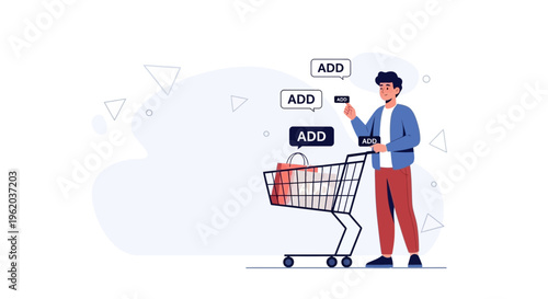 Man Adding Items to Shopping Cart, Online Shopping Concept, E-commerce