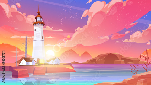 Lighthouse at sunset with scenic sea landscape and coastal view. Vector illustration of ocean island, beach scenery and beacon. Stunning dusk horizon with mountain silhouette and summer vibes.