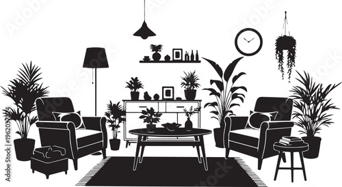 Modern living room, interior design, black and white illustration, furniture set isolated on Transparent Background