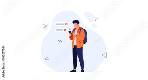 Young man with backpack using smartphone, receiving notifications, travel concept