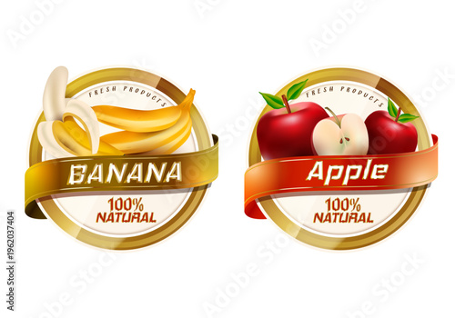 Fresh products banana natural golden label, ribbon, shield, badge, emblem, sticker vector design.