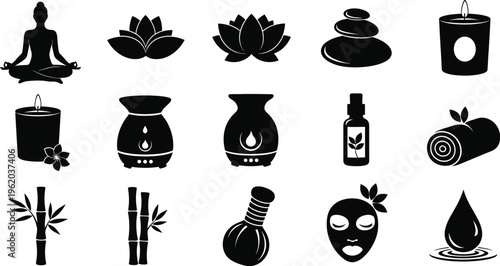 Black icons for spa wellness and meditation