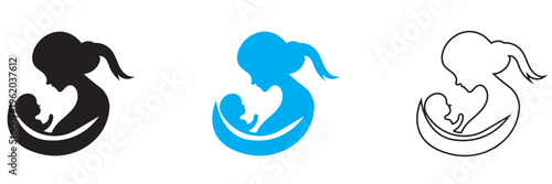 Mother Holding Baby Silhouette Love Care Icon. Set of mother and baby silhouettes in solid, blue, and outline styles, symbolizing maternal love, care, parenting, and family bonding.