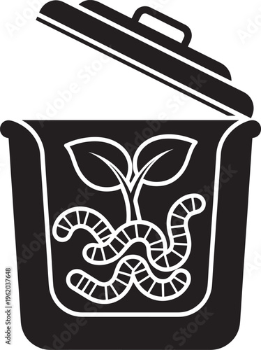 Black compost bin with lid ajar, showing earthworms and sprouting plant, symbolizing organic waste decomposition and soil enrichment