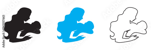 Mother Holding Baby Silhouette Love Care Icon. Set of mother and baby silhouettes in solid, blue, and outline styles, symbolizing maternal love, care, parenting, and family bonding.