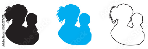 Mother Holding Baby Silhouette Love Care Icon. Set of mother and baby silhouettes in solid, blue, and outline styles, symbolizing maternal love, care, parenting, and family bonding.
