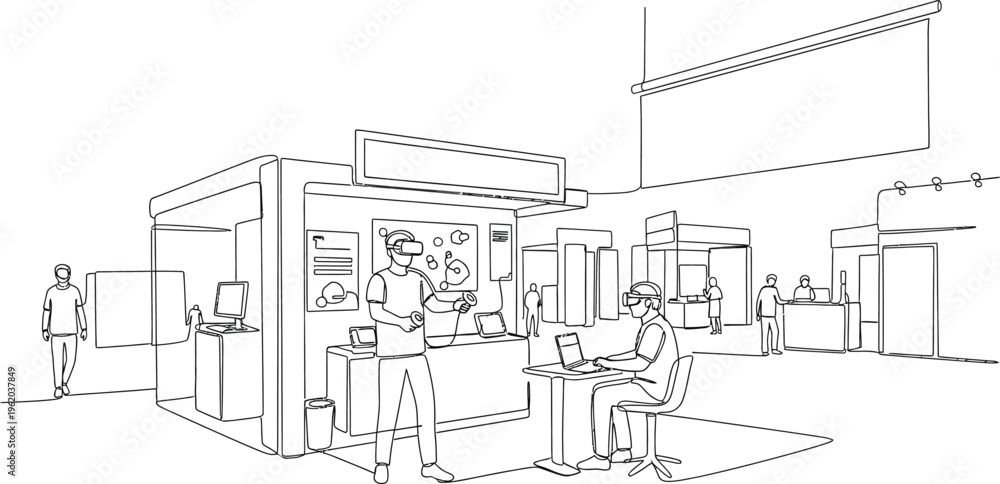 Naklejka premium office interior with people working, dotted line illustration