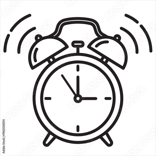 Alarm clock icon, ringing clock symbol, black line art, time notification