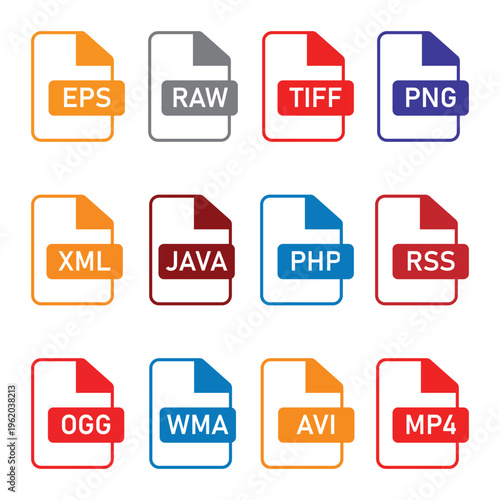 File format extension icon set including colorful eps raw PNG xml java PHP RSS AVI and mp4 vector illustration.