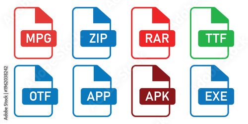 File extension format icon set including colorful mpg zip RAR OTF TTF app APK and exe vector illustration.