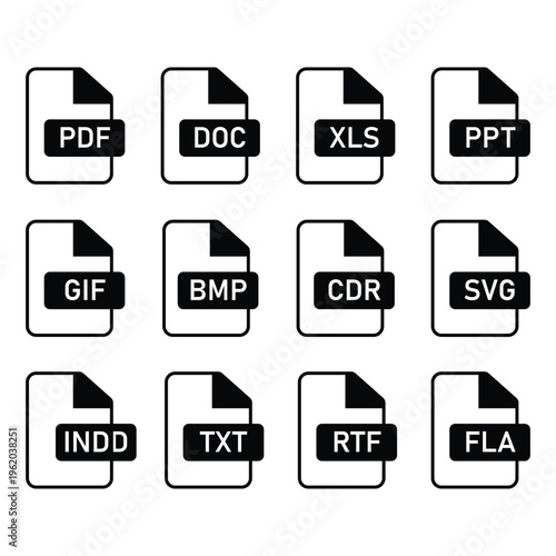 File format icon set containing document types pdf doc.