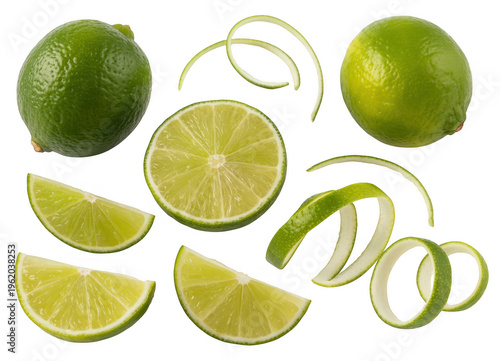 Fresh green limes and lime slices citrus fruit isolated on a transparent background