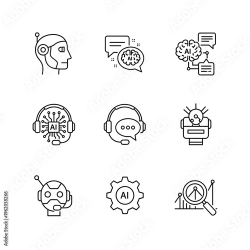 Collection of nine line art icons representing artificial intelligence and its applications in technology and communication.