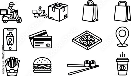 Food delivery icons set with pizza burger sushi and coffee