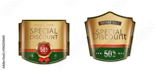 Elegant shield shaped weekly discount labels with golden frame and red ribbon decorations.
