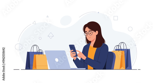 Woman using smartphone for online shopping with laptop and shopping bags