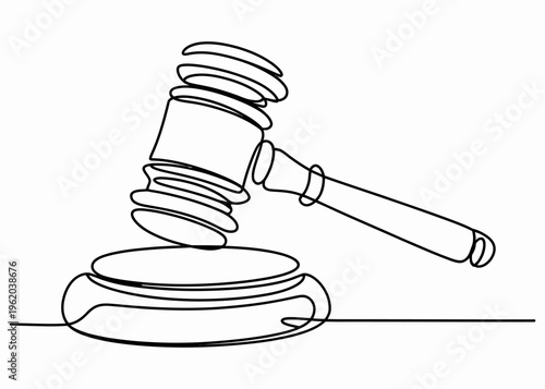 Minimalist one line art of a wooden gavel and sound block representing legal authority.