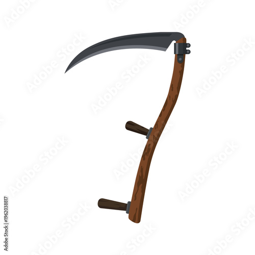 Flat vector illustration of farming scythe tool with curved metal blade and wooden handle