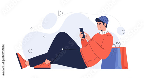 Man with smartphone and shopping bags relaxing, online shopping concept