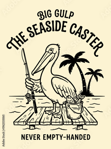 Pelican holding fishing rod standing.