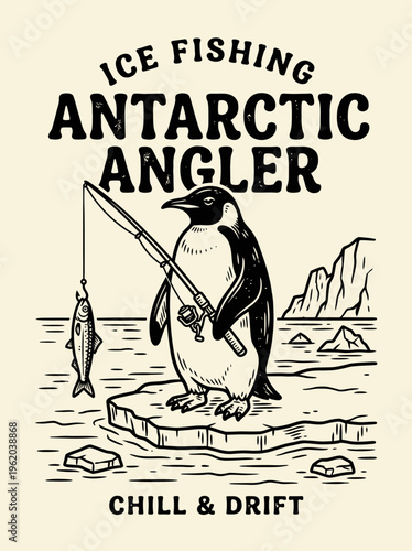Penguin holding a fishing rod.
