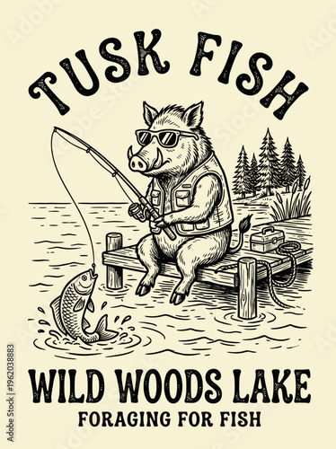 Pig fishing cartoon character outdoors.