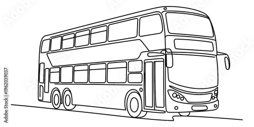 Continuous line drawing of a modern double-decker bus for public urban transportation.