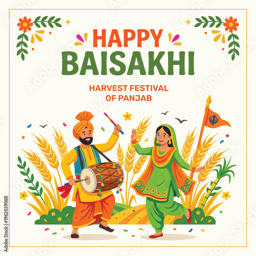 Happy Baisakhi harvest festival of Punjab vector illustration, Punjabi couple dancing with dhol in wheat field, Sikh religious celebration greeting card