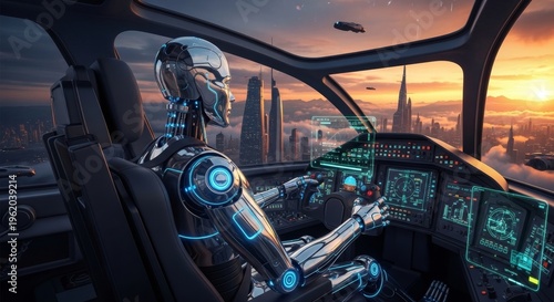 Advanced humanoid robot operates the cockpit controls of a futuristic aircraft against a backdrop of a rising sun over skyscrapers.