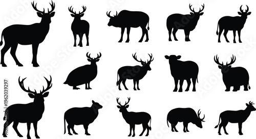 Deer and bull silhouettes set