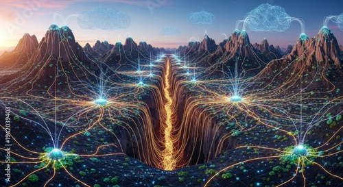 Digital network infrastructure connects glowing nodes across a vast canyon landscape during twilight hours.