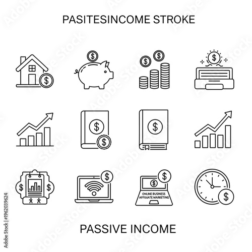 A collection of line art icons representing various aspects of passive income generation and financial growth.