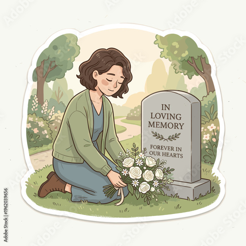 Woman kneeling by grave with flowers in memory of loved one  