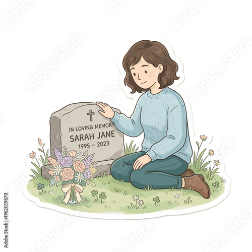 Young woman kneeling by gravestone while placing flowers in memory  