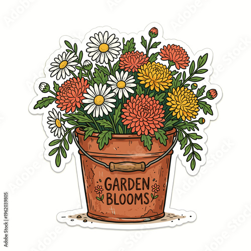 Colorful flower arrangement in pot labeled "Garden Blooms"  